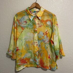 Sea Suns Size XL Semi Sheer Button Front 3/4 Length Ruffle Hem Sleeve Blouse